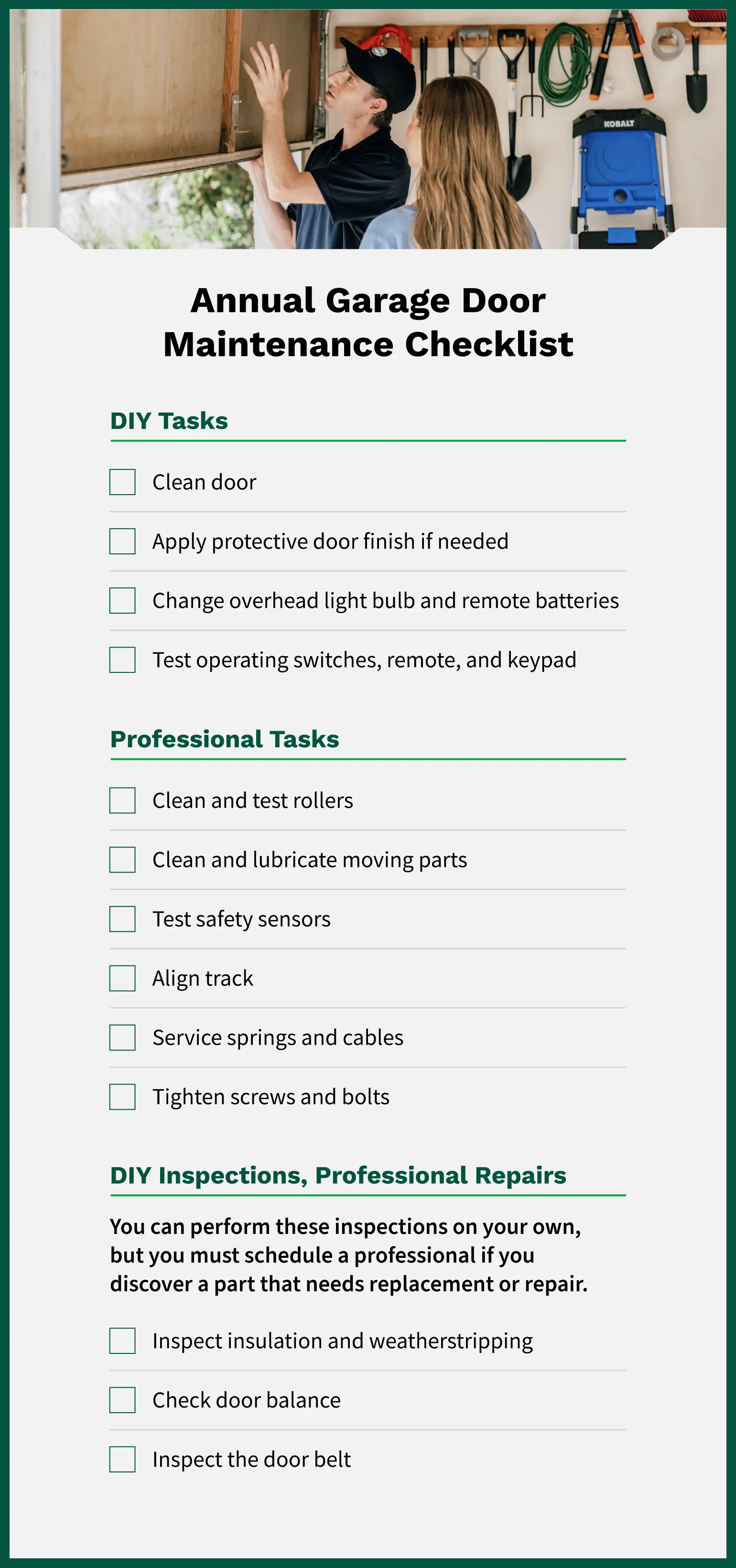 Garage door maintenance checklist with 13 tasks, divided into tasks that can be done at home, need to be done by a professional, and DIY inspections that find problems a professional needs to fix.