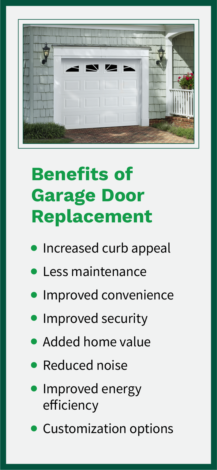 Graphic listing the benefits of replacing your garage door.