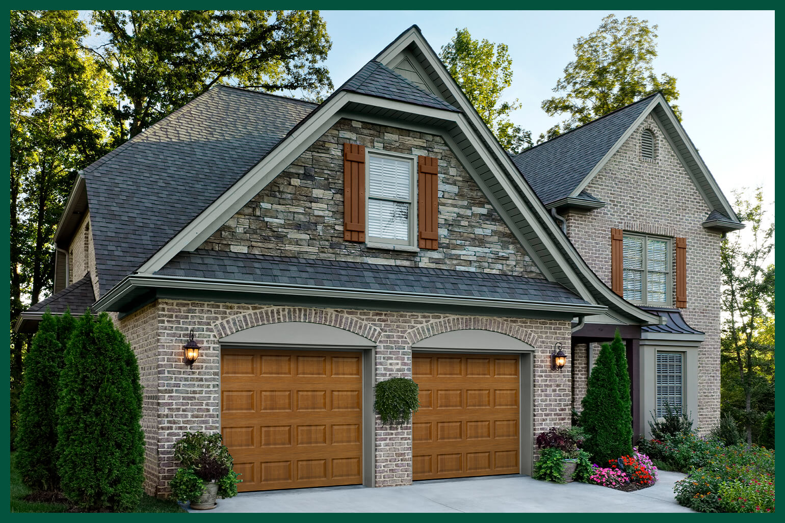 Clean brick house with green paint