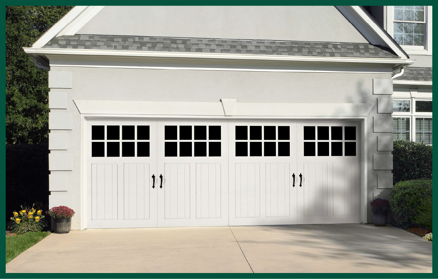 Carriage house-style swing-out garage door.