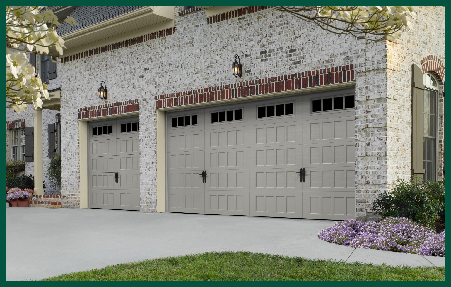 Contemporary style swing-out garage door.