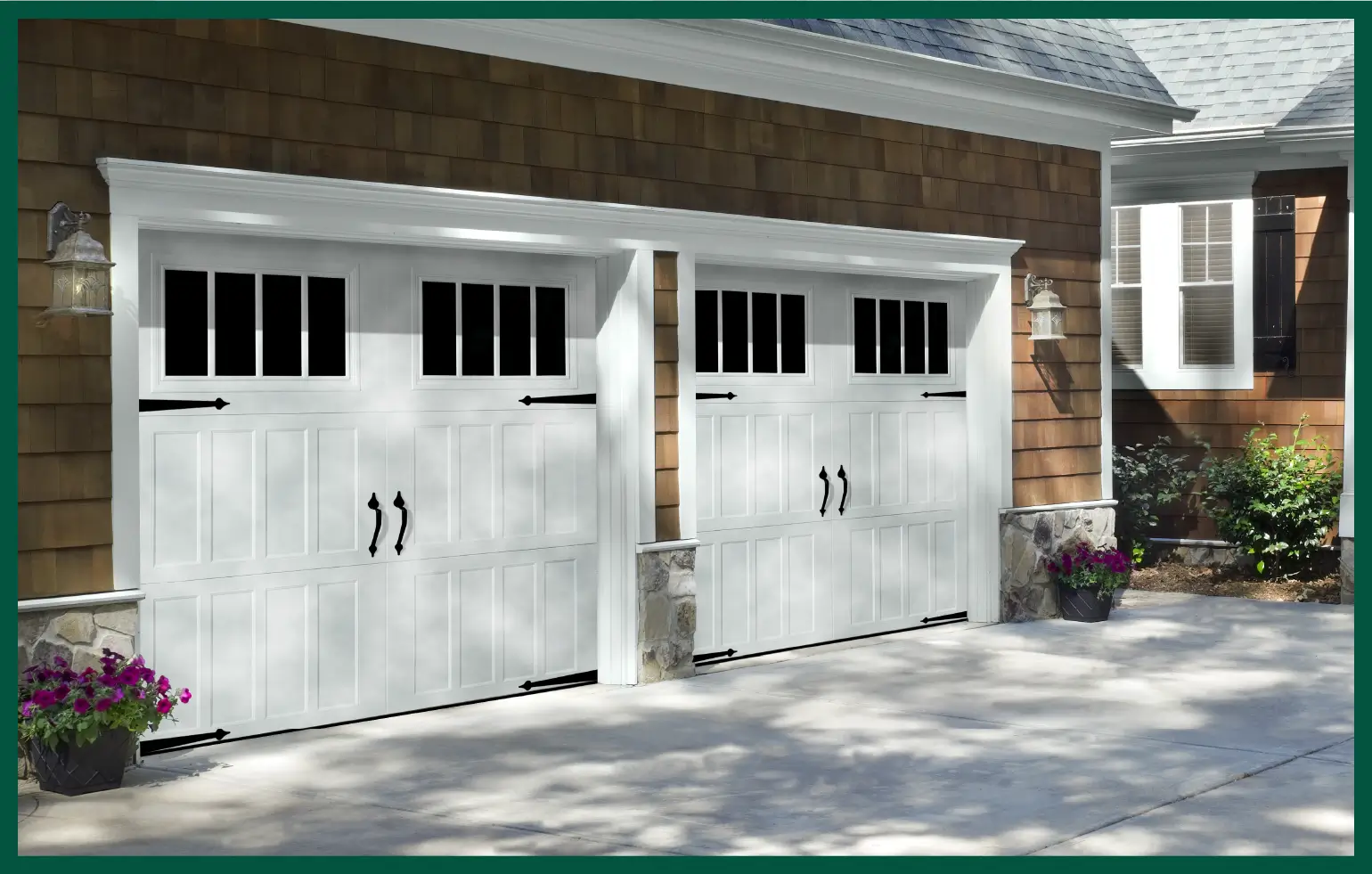 Craftsman-style swing-out garage door.