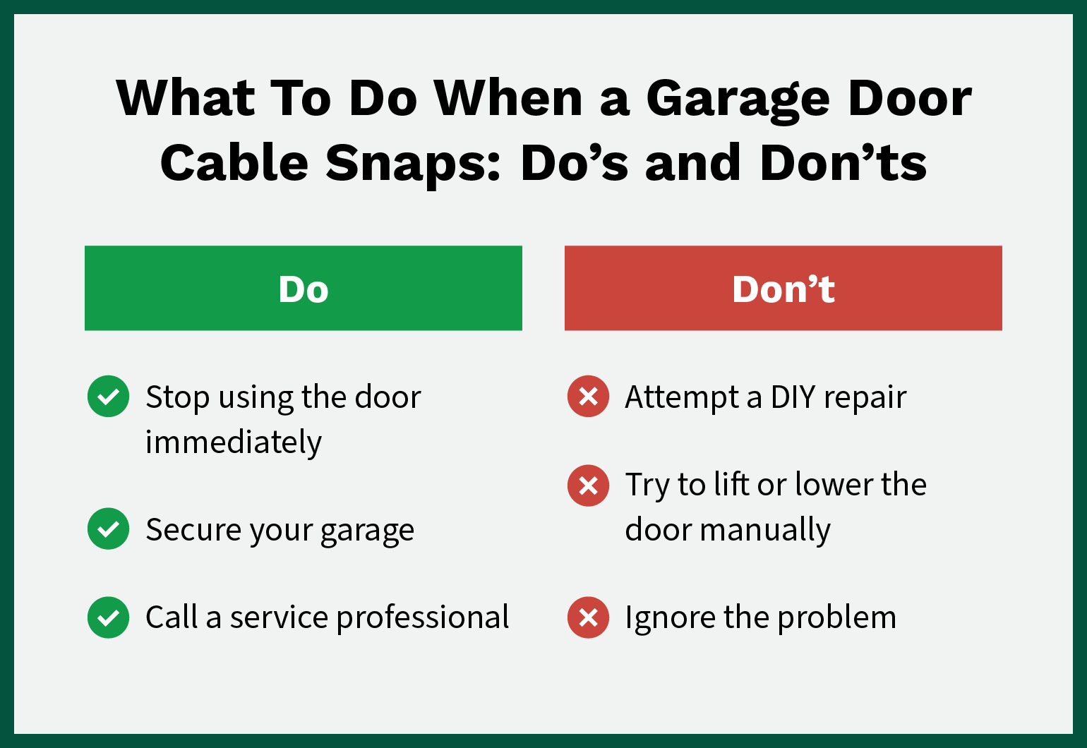 Checklist of do’s and don’ts of what to do when a garage door cable snaps.