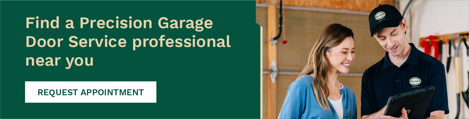 Graphic with an image of a garage door professional assisting a homeowner with a button to request an appointment