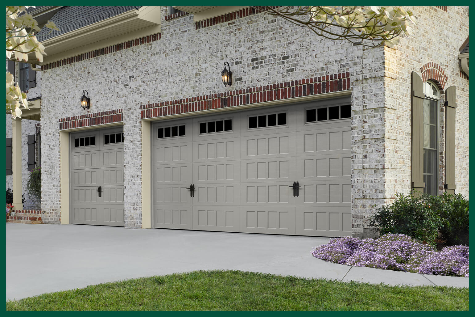 Grey garage door with black hardware