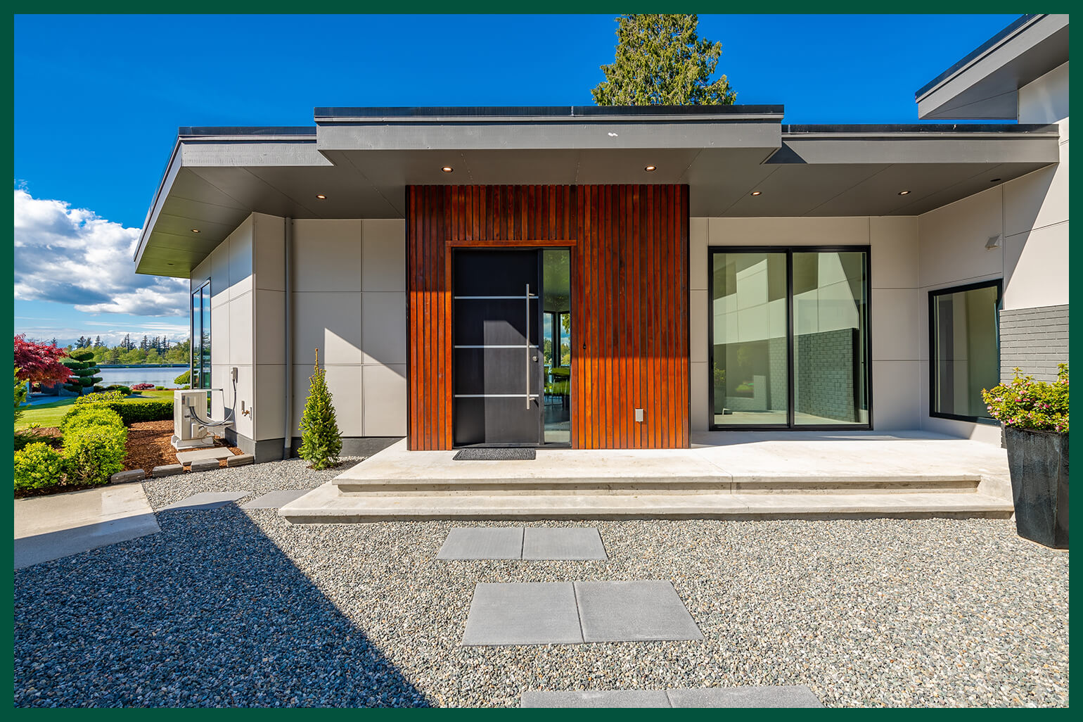 Home with cedar garage doors