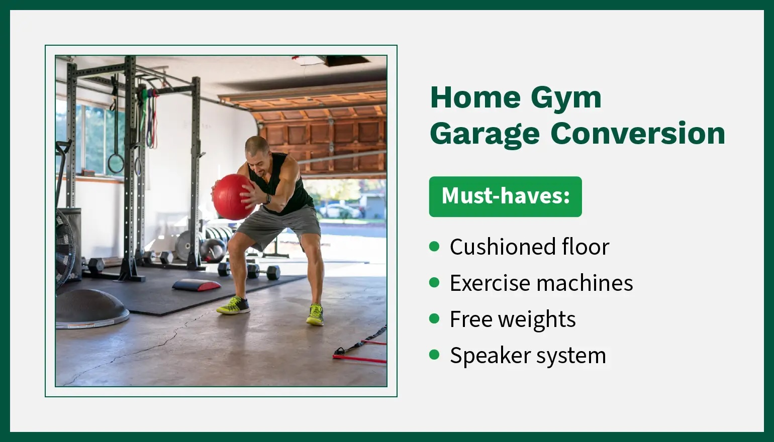 Photo of a home gym garage conversion requiring a cushioned floor, free weights, a speaker system, and exercise machines.