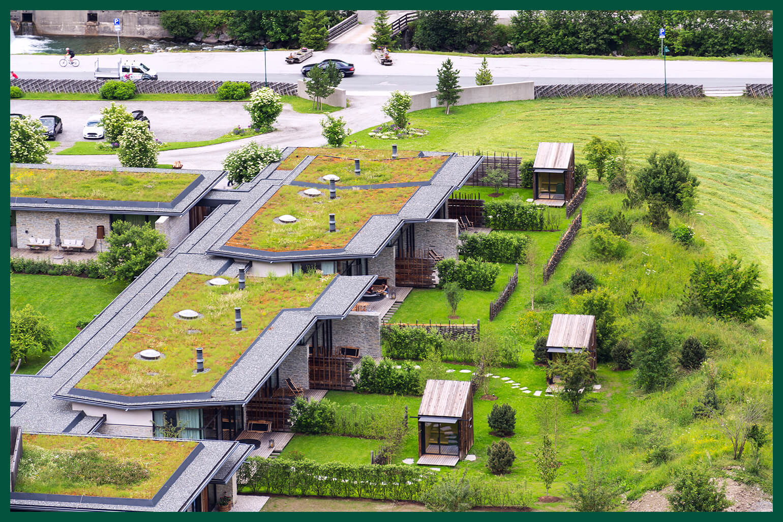 Several houses with green living roofs