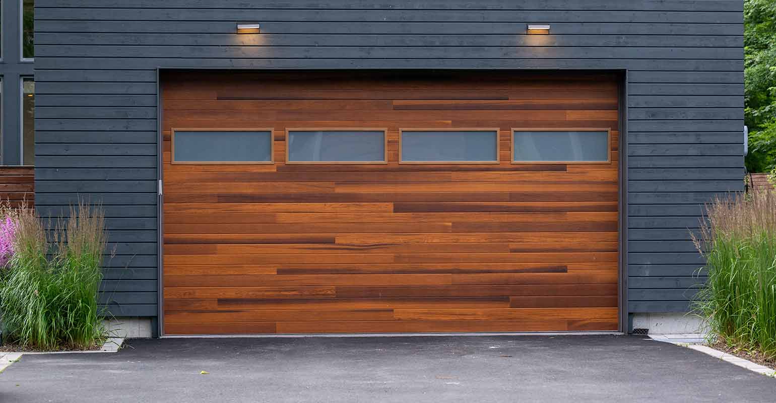 Modern faux wood garage doors.