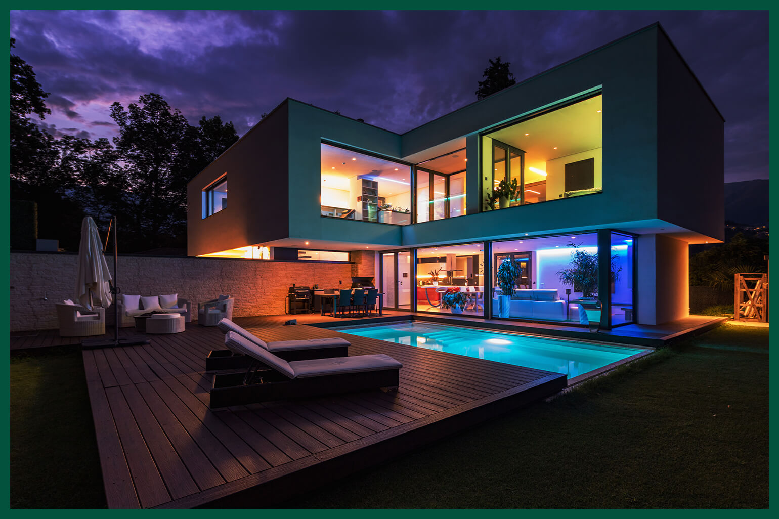 Modern home with colorful lighting