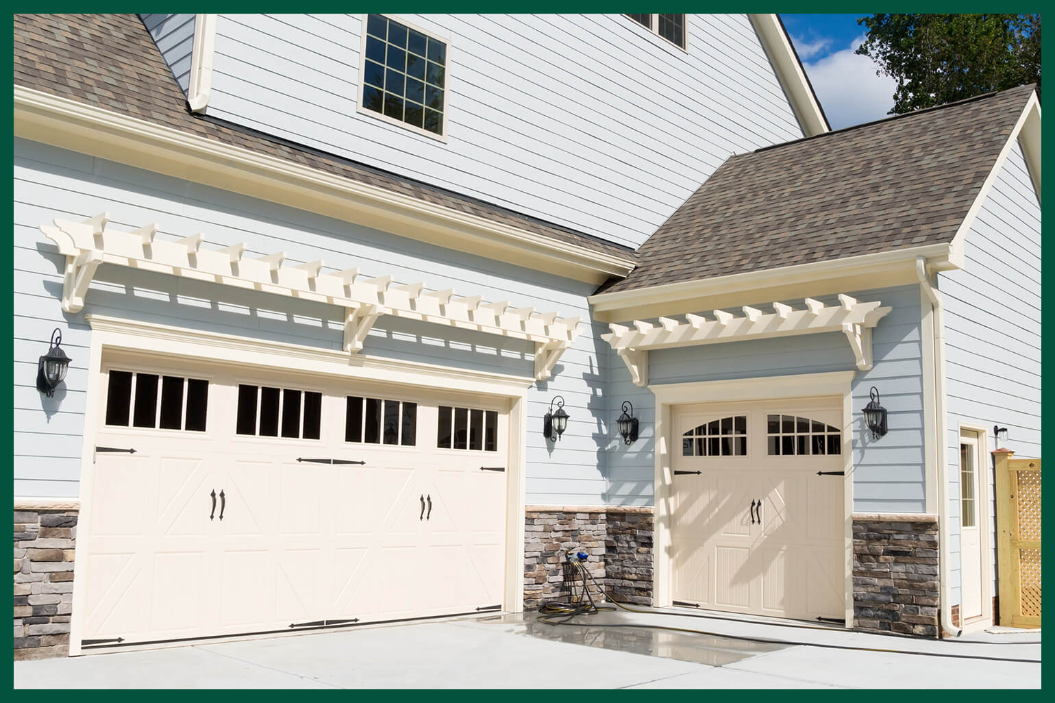 Garage door with pergola awning