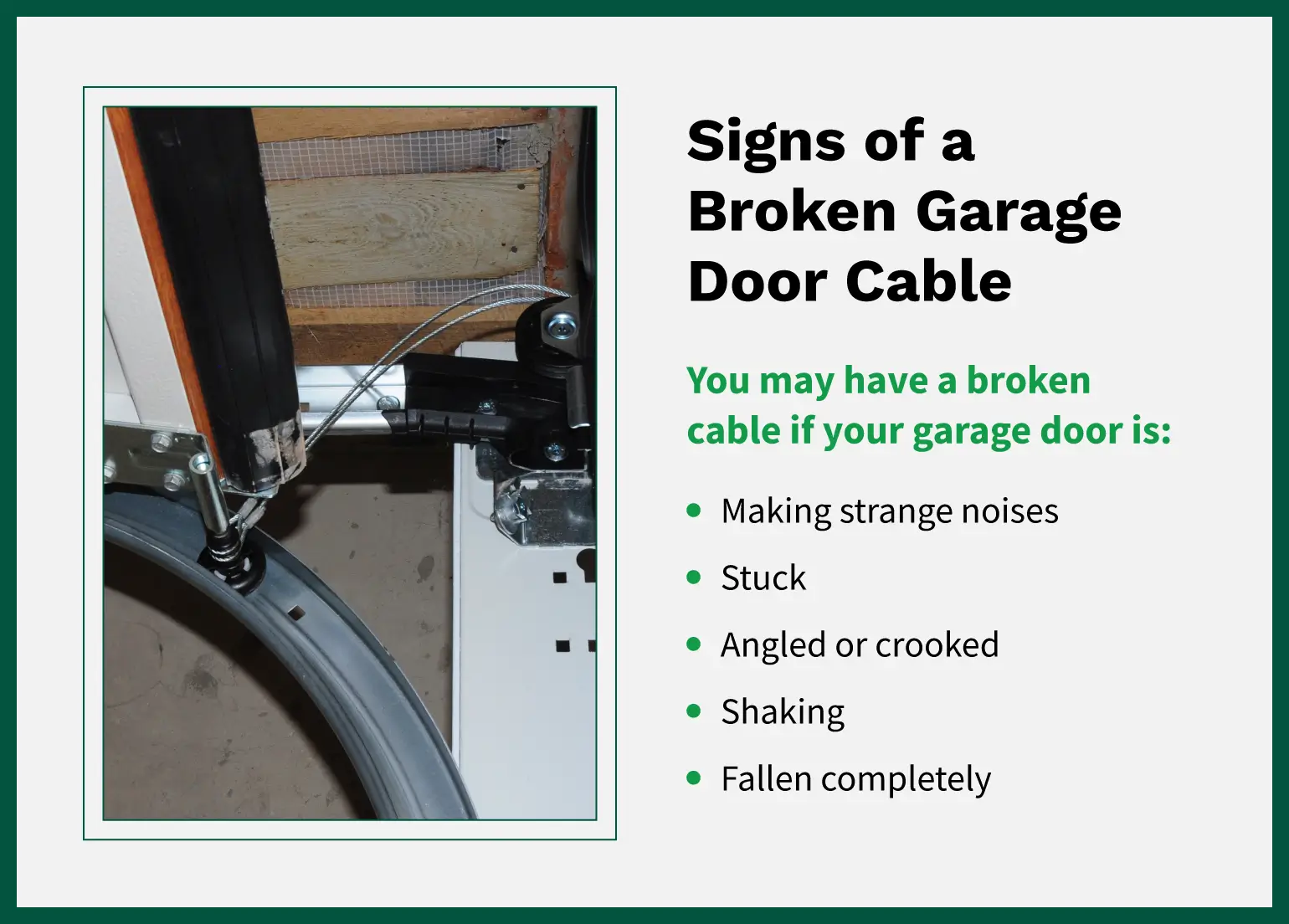 List of signs of a broken garage door cable and image of broken cable.