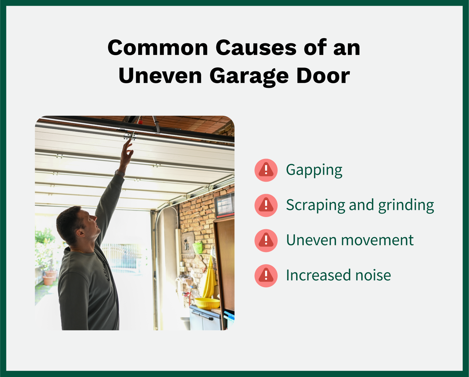 A man inside a garage with a list of signs your garage door is uneven