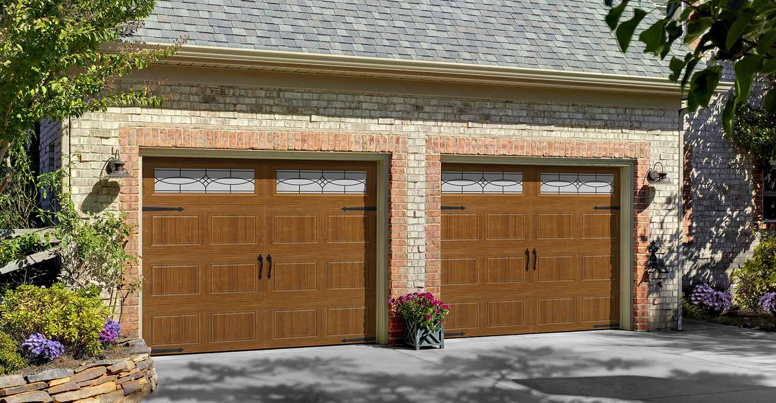 Steel faux wood garage doors.