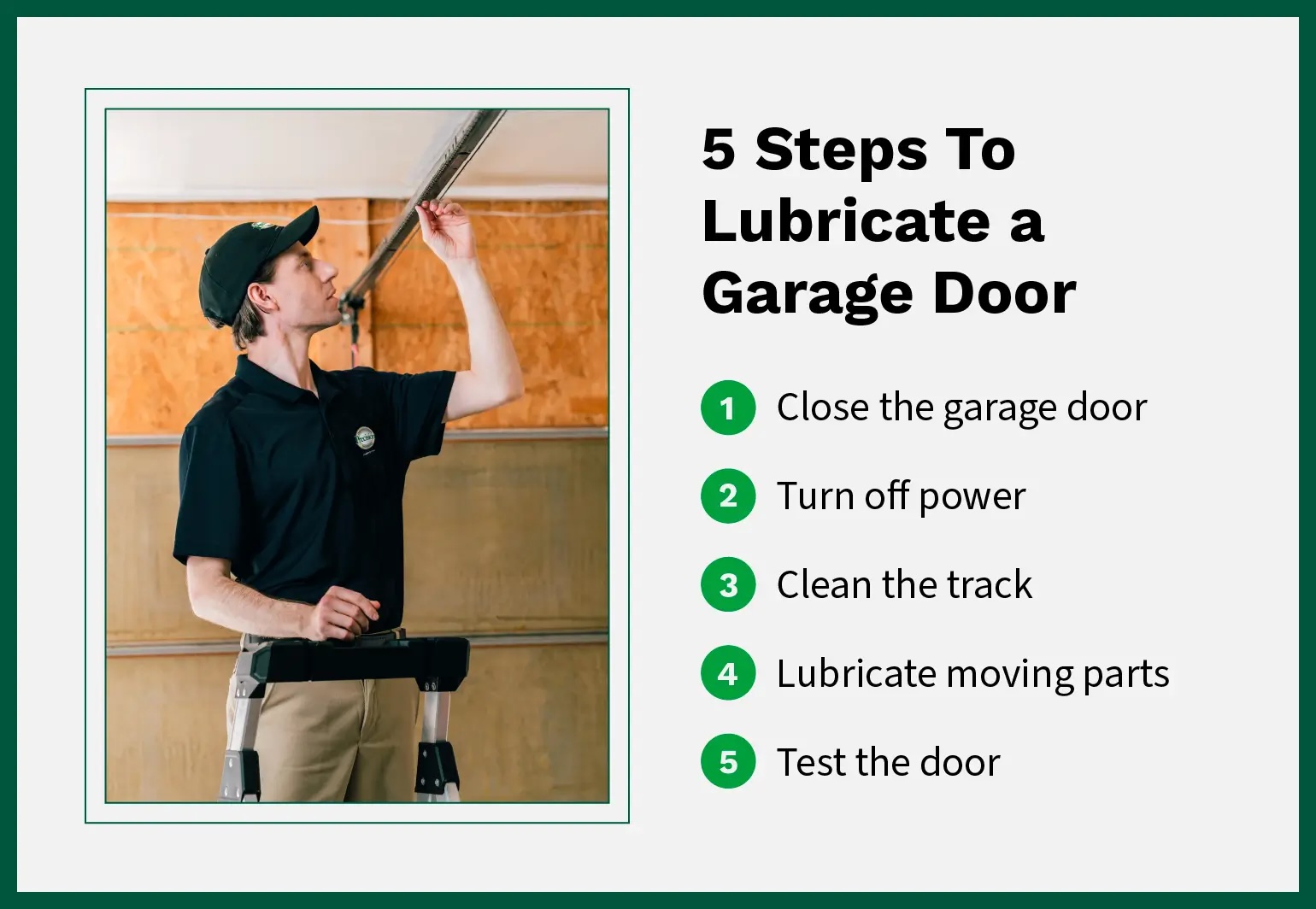 List of steps to lubricate a garage door.