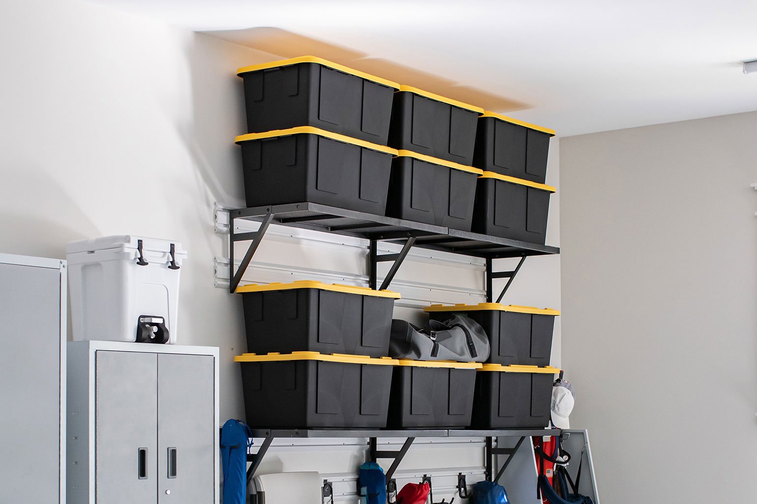 Vertical storage shelves in a garage.