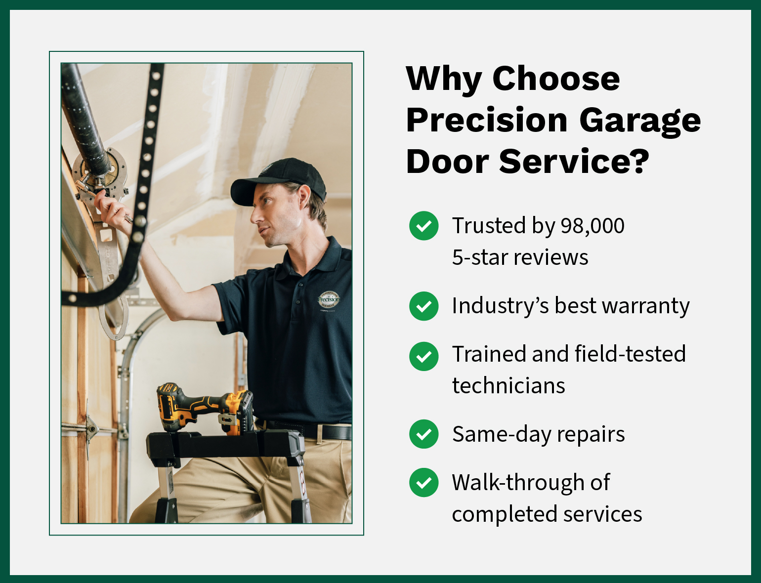 Call-to-action image showing reasons why one should hire Precision Garage Door Service professionals for garage door repair.