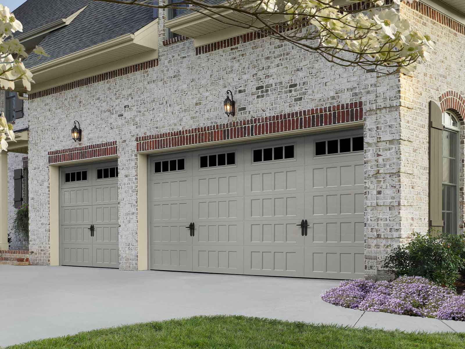 View from the outside of a high lift garage door opening.