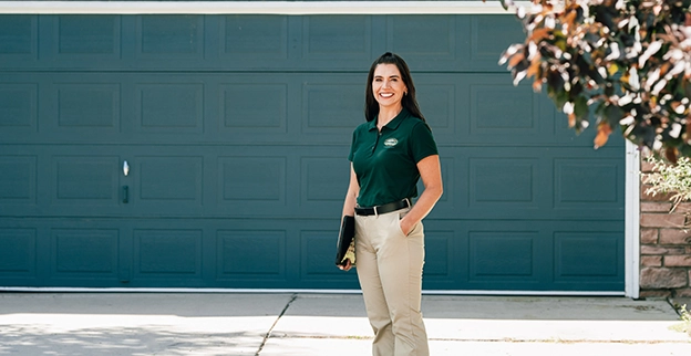 A PDS employee standing in front of a green garage door.