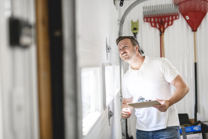 Repairman inspecting a garage door | Precision Garage Door Service of Chattanooga