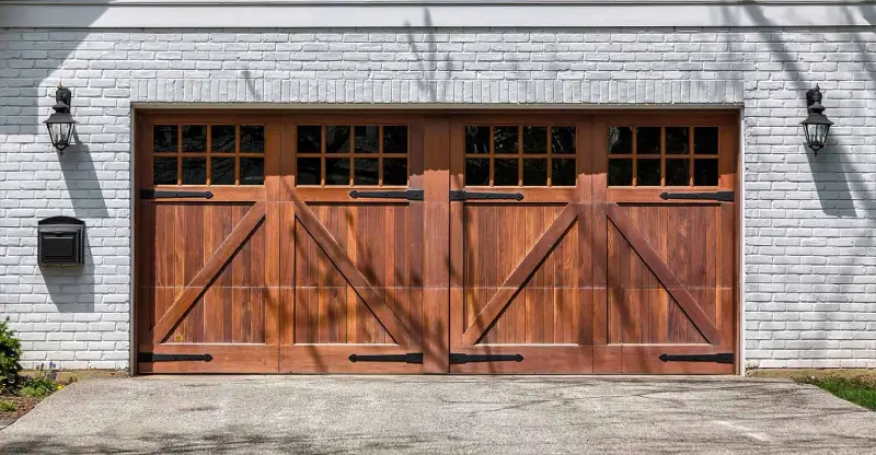 Farmhouse faux wood garage doors.