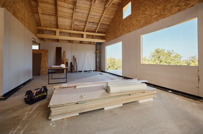 A garage undergoing an extension remodel with materials, tools, and a table strewn about the space.A garage undergoing an extension remodel with materials, tools, and a table strewn about the space.