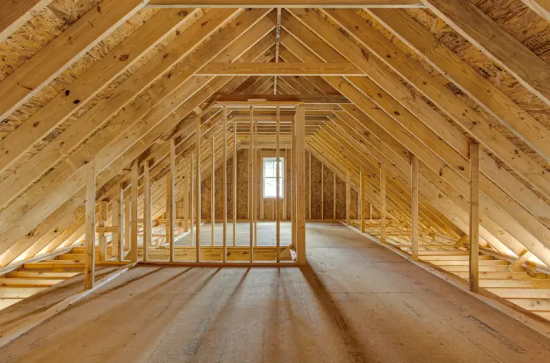 A garage loft with wood framing being built.