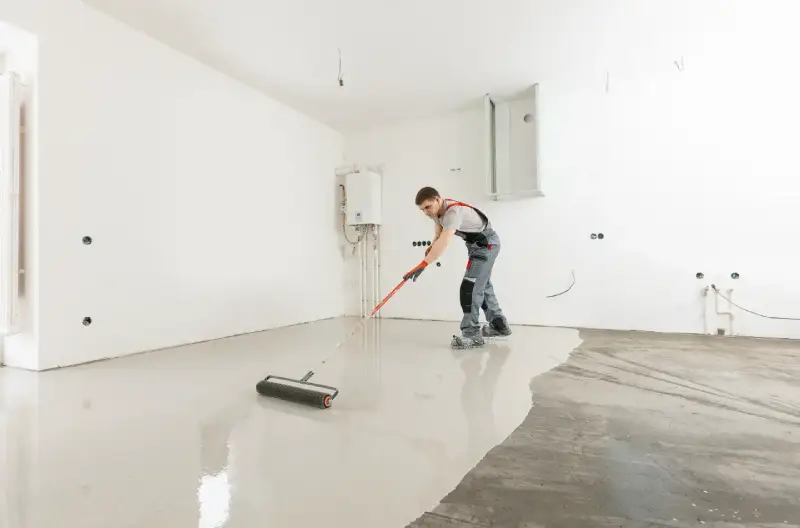A service professional installing new flooring in a garage.