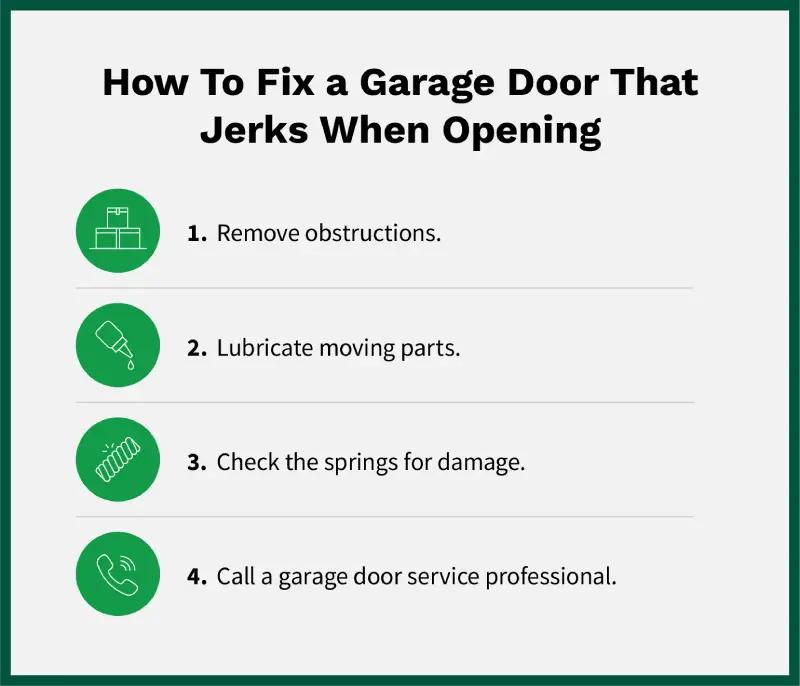 How to fix a garage door that jerks when opening, including inspecting, lubricating, checking the springs for damage, and calling professionals.