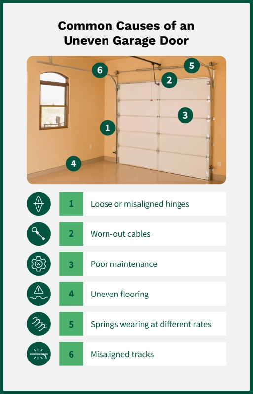 An uneven garage door with common causes of misalignment.