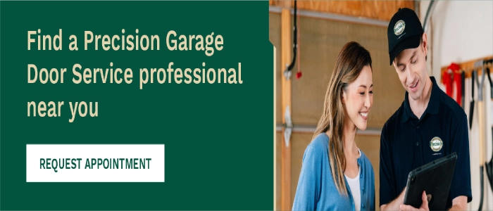 Graphic with an image of a garage door professional assisting a homeowner with a button to request an appointment.