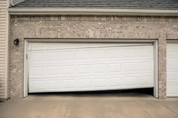 A white garage door is partially off its tracks, appearing tilted and damaged. The door is stuck in an uneven position, leaving a gap on one side. | Precision Garage Door Service of Knoxville